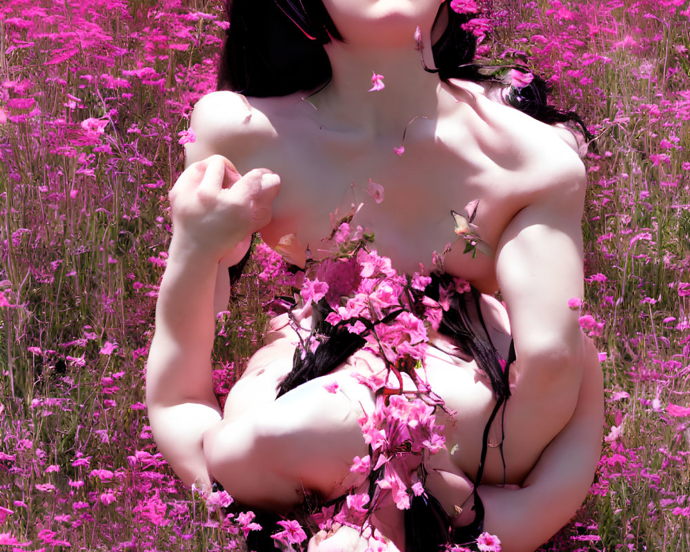 Woman surrounded by pink flowers in thoughtful pose