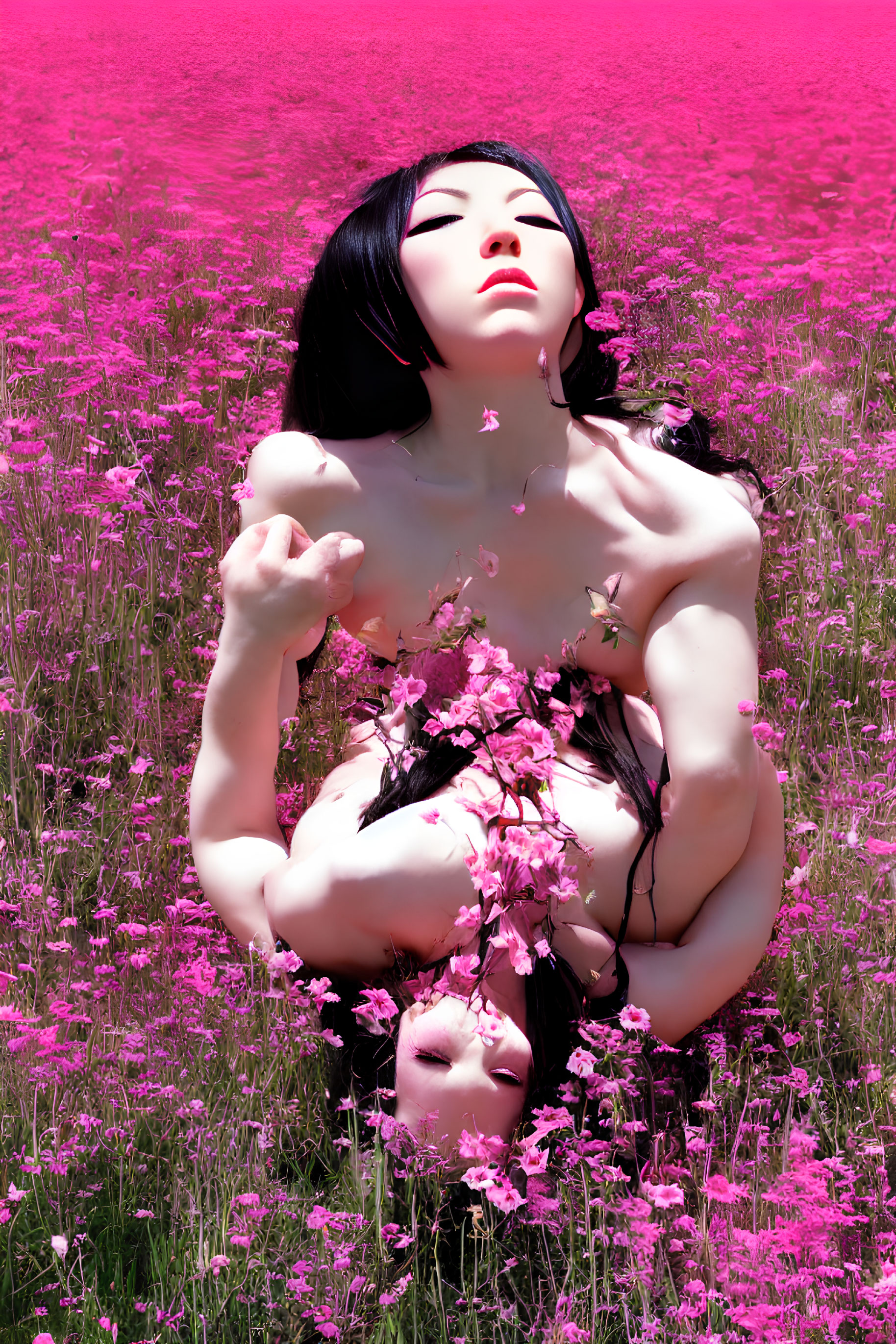 Woman surrounded by pink flowers in thoughtful pose