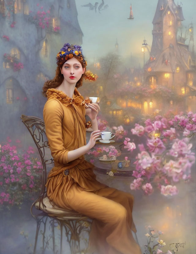 Golden dress and floral headpiece: Elegant woman with teacup among blossoming flowers and romantic buildings