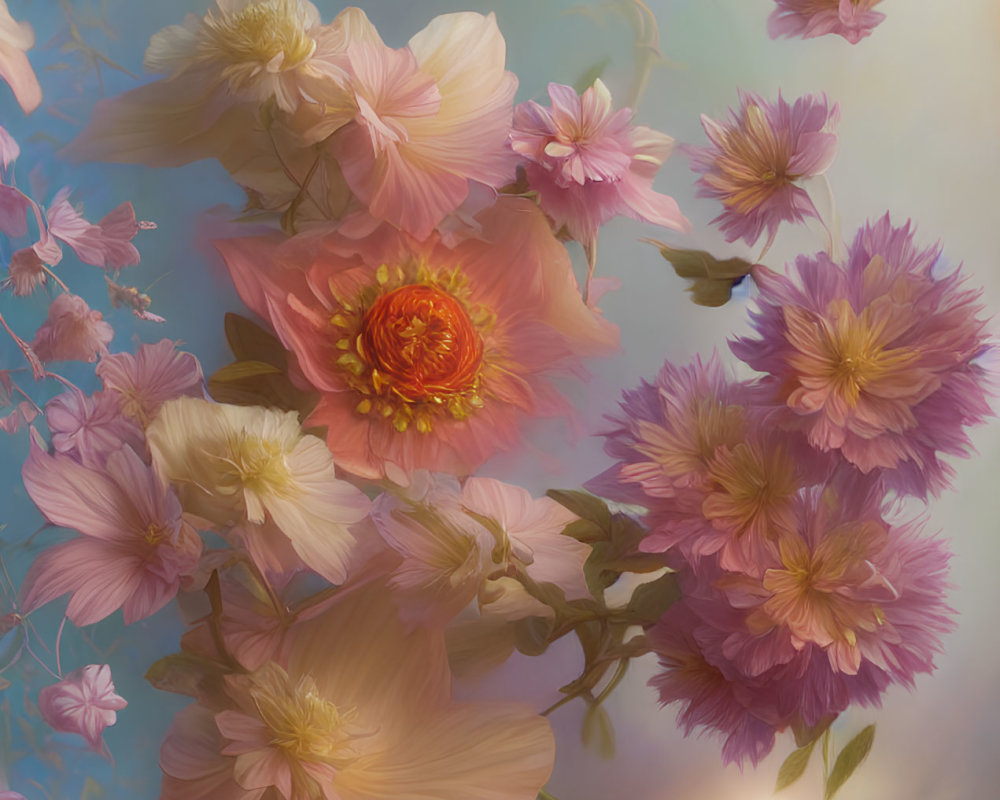 Ethereal pink flowers in soft warm light on dreamlike blue background