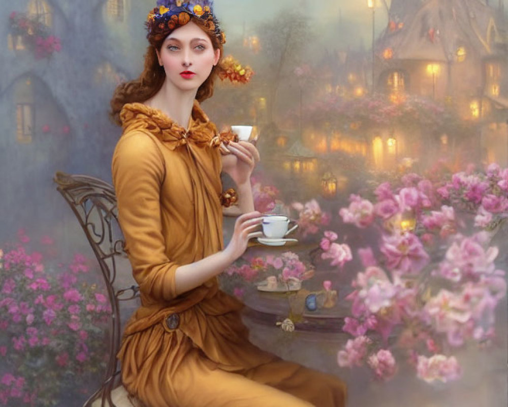 Golden dress and floral headpiece: Elegant woman with teacup among blossoming flowers and romantic buildings