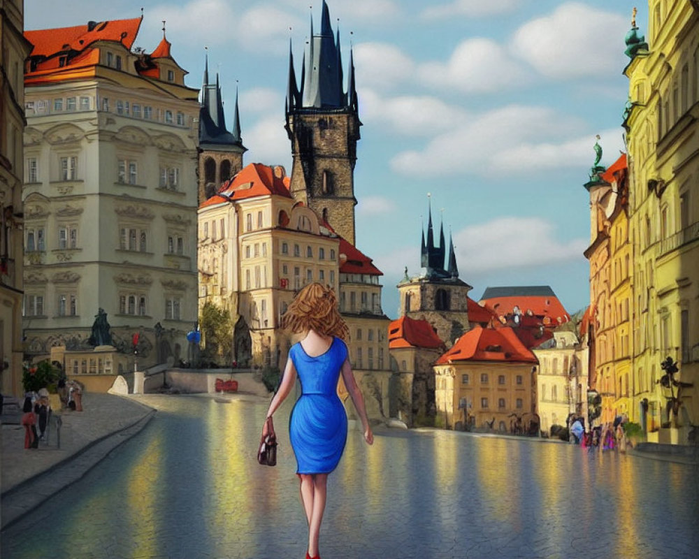 Woman in Blue Dress Walking Towards Týn Church Gothic Towers