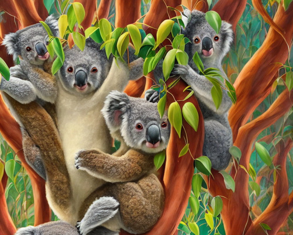 Four Koalas Clinging to Tree Branches in Green Leaf Surroundings