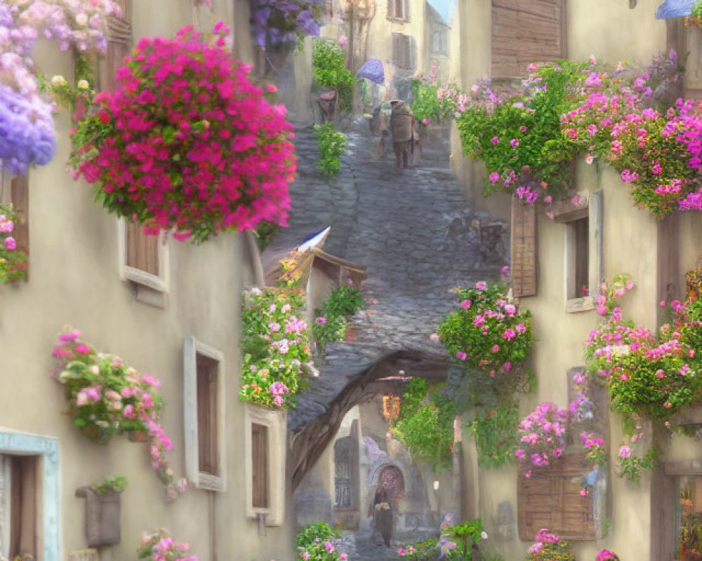 Charming cobblestone street with old buildings and lush greenery