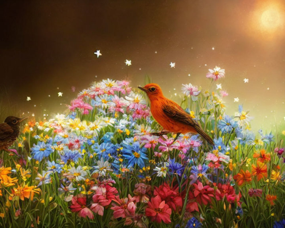 Colorful digital artwork: Two birds in floral landscape with glowing sun/moon