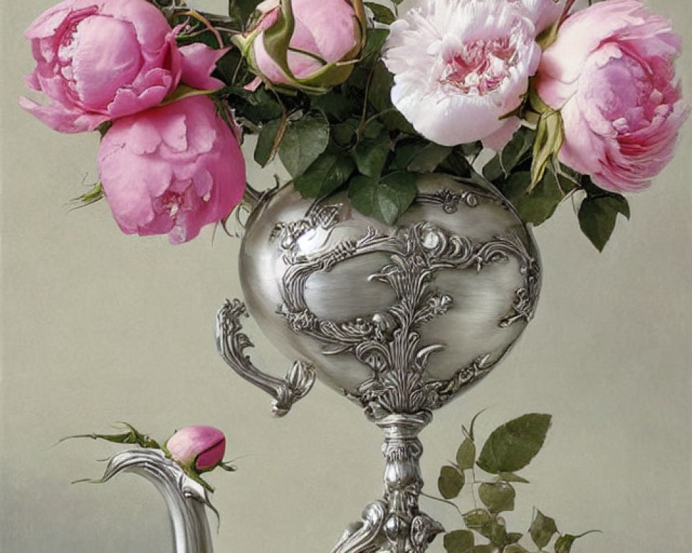 Pink Peonies Bouquet in Silver Teapot with Classic Leaf and Swirl Design