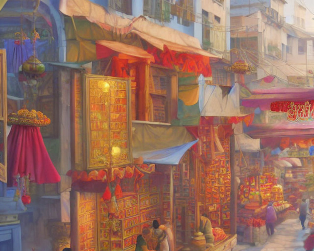 Colorful Market Stalls and Ornate Buildings in Vibrant Street Scene