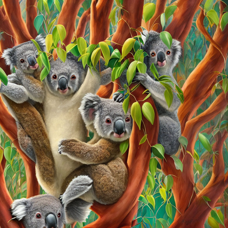 Four Koalas Clinging to Tree Branches in Green Leaf Surroundings