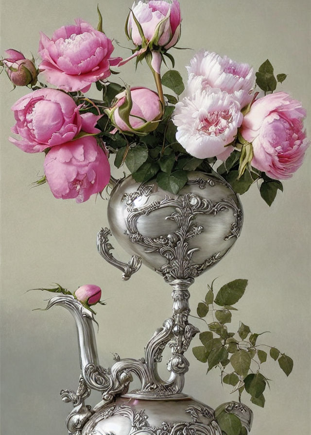 Pink Peonies Bouquet in Silver Teapot with Classic Leaf and Swirl Design