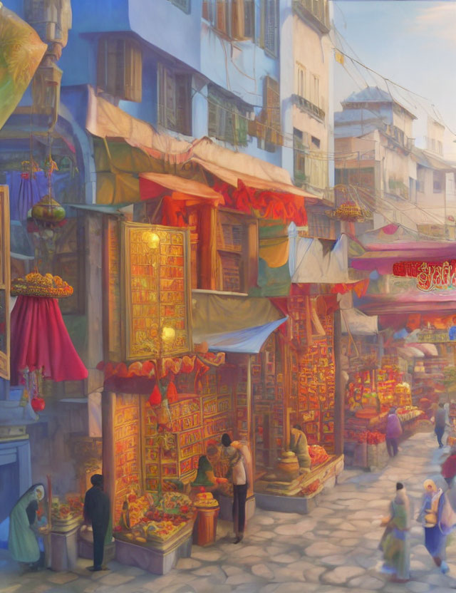 Colorful Market Stalls and Ornate Buildings in Vibrant Street Scene