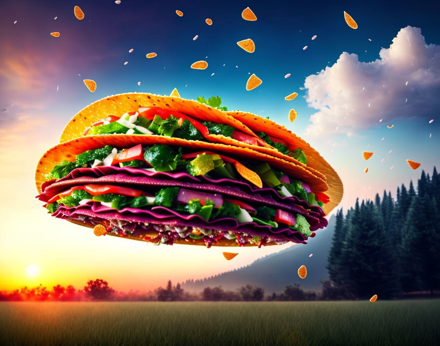 Giant taco floating over scenic landscape at sunset