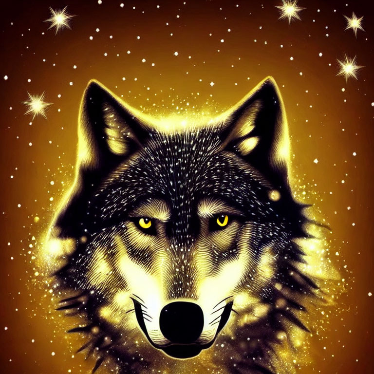 Wolf's face with glowing eyes on golden starry background