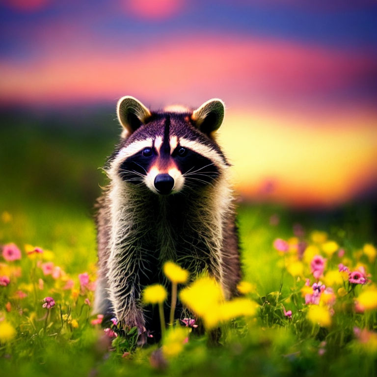 Raccoon in vibrant flower field at sunset