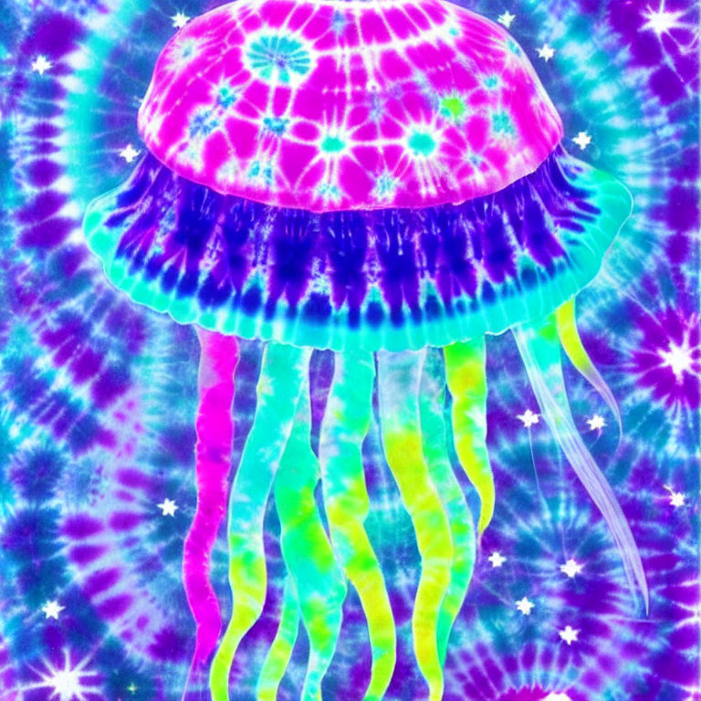 Colorful Jellyfish Illustration with Tie-Dye Background in Blue, Purple, Pink, Green