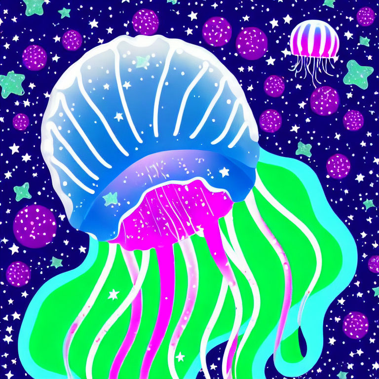 Colorful Jellyfish in Cosmic Starry Background