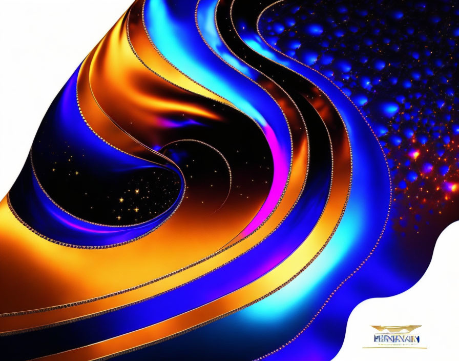 Vibrant Blue, Orange, and Gold Swirling Abstract Art Piece