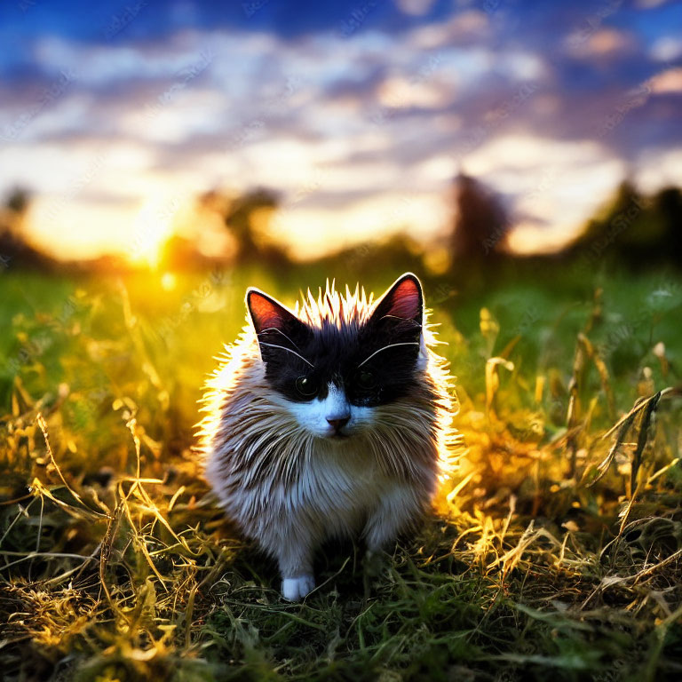 Fluffy black and white cat in grassy field at sunset