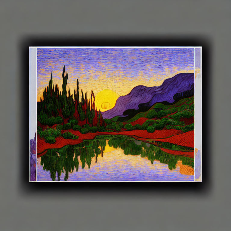 Colorful sunset landscape painting with rolling hills and water reflections