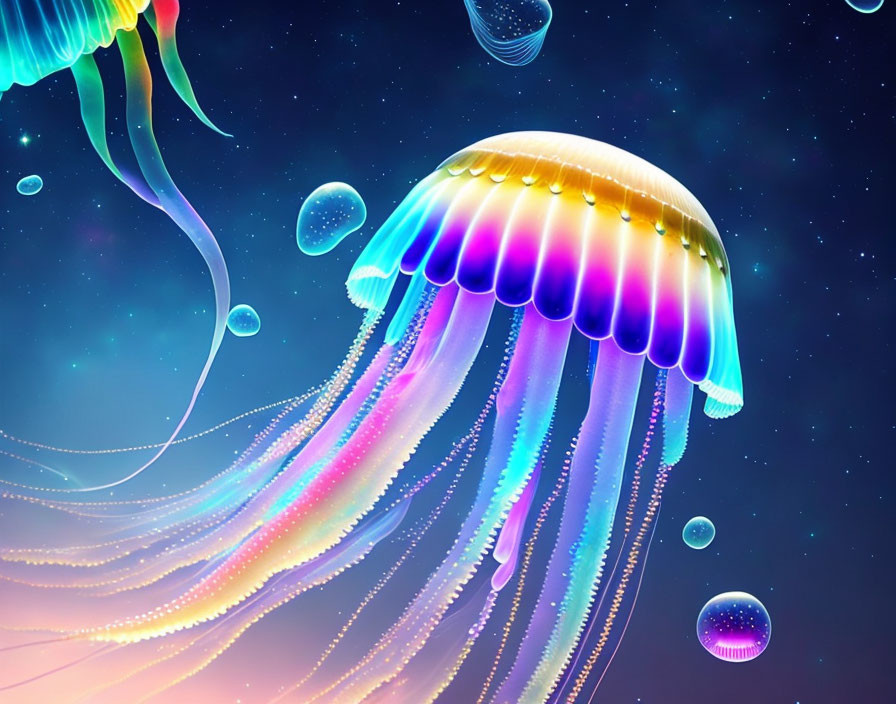 Neon-hued jellyfish in vibrant underwater scene