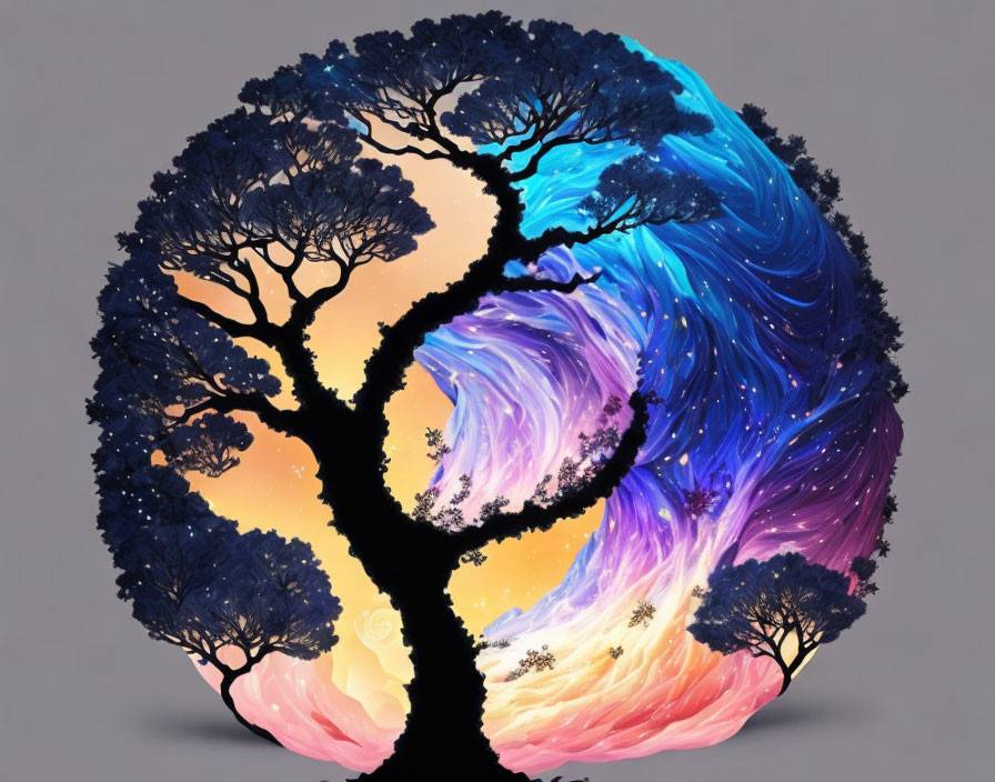 Vibrant cosmic yin-yang tree art with starry textures