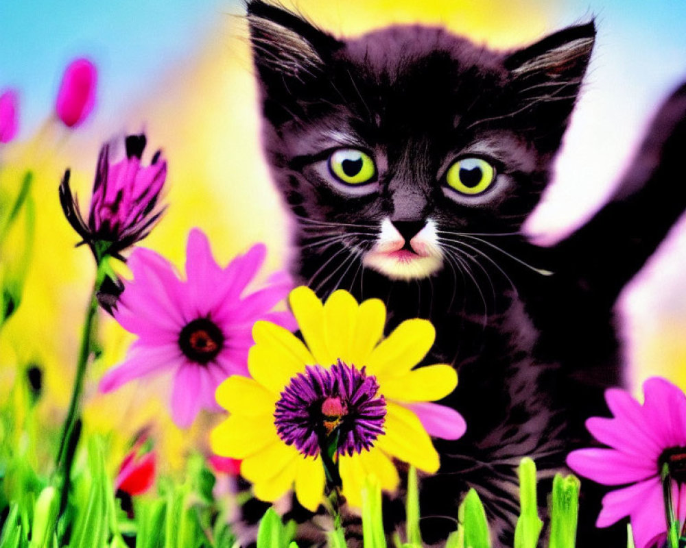 Black kitten with white markings among colorful flowers and green grass on vibrant backdrop