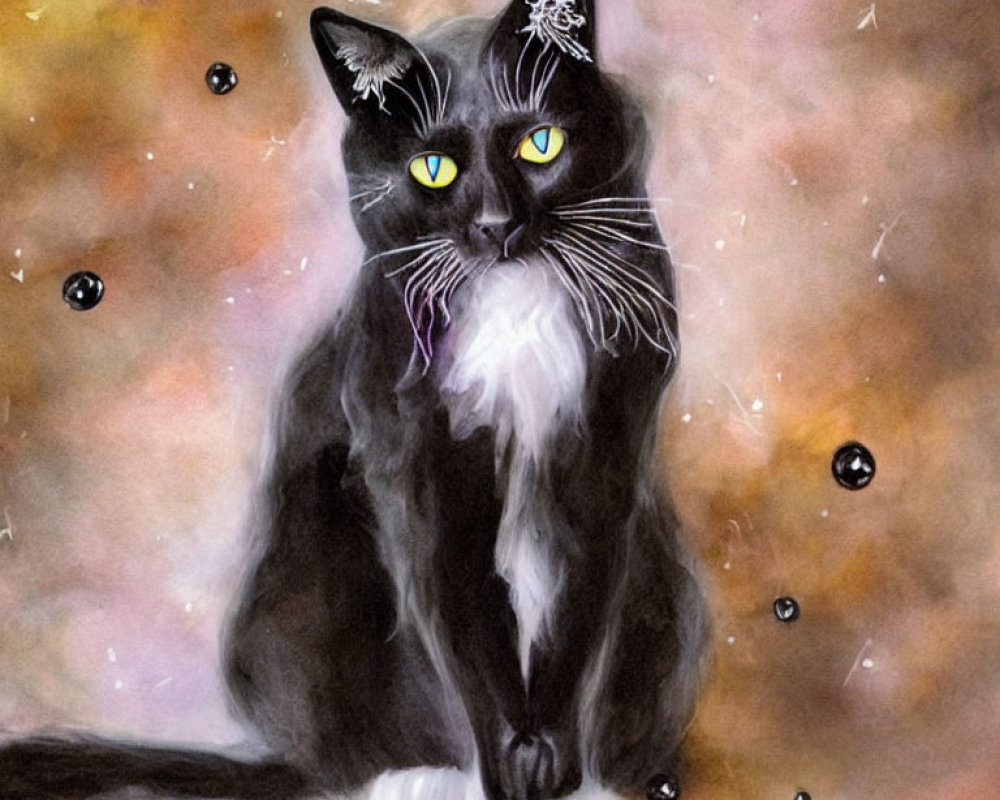 Black cat with white chest and yellow eyes against celestial background