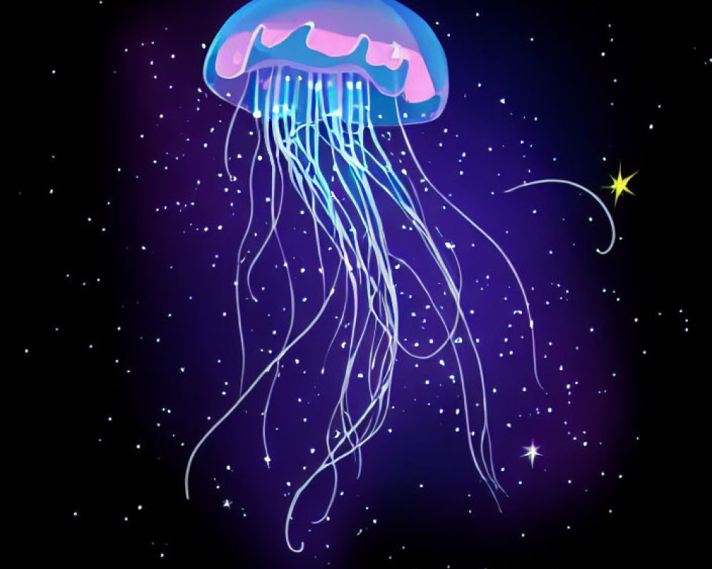 Colorful neon blue jellyfish art on starry night background with watermark.