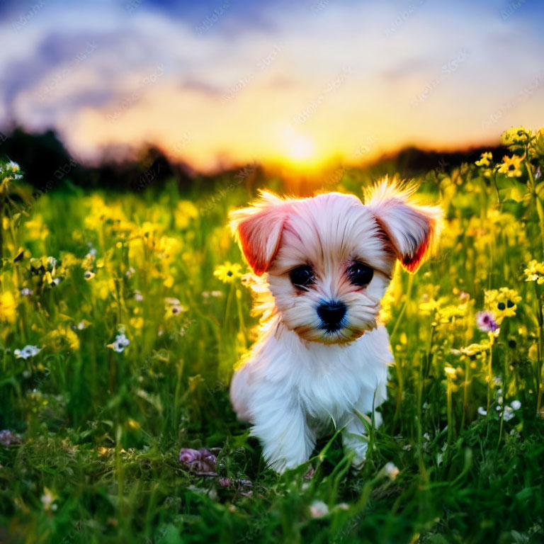 Fluffy puppy in wildflower field at sunset