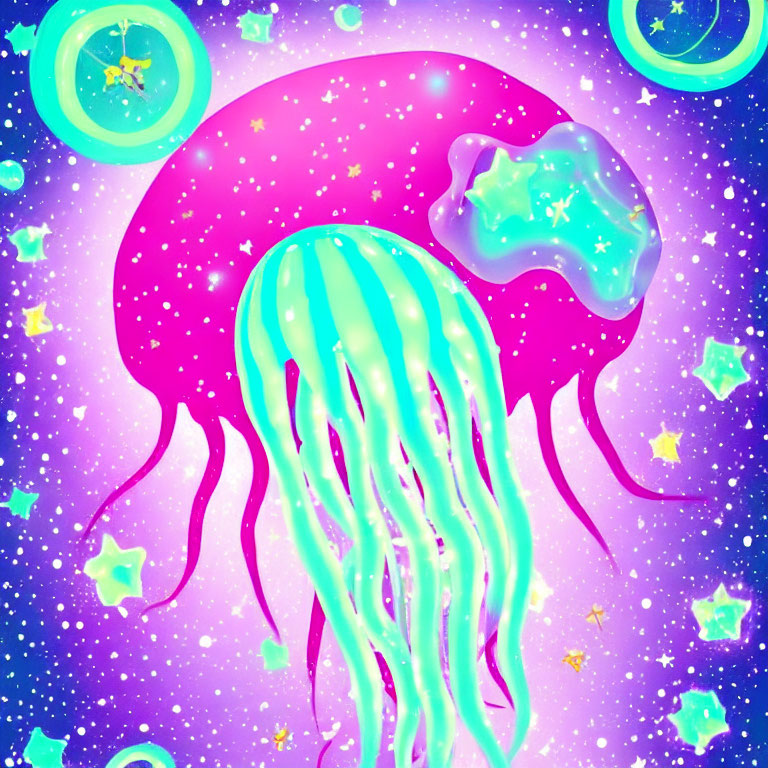 Colorful Jellyfish Fantasy Illustration on Starry Galaxy Background