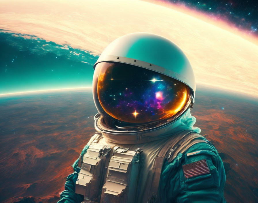 Reflective visor astronaut gazing at Earth's horizon in space