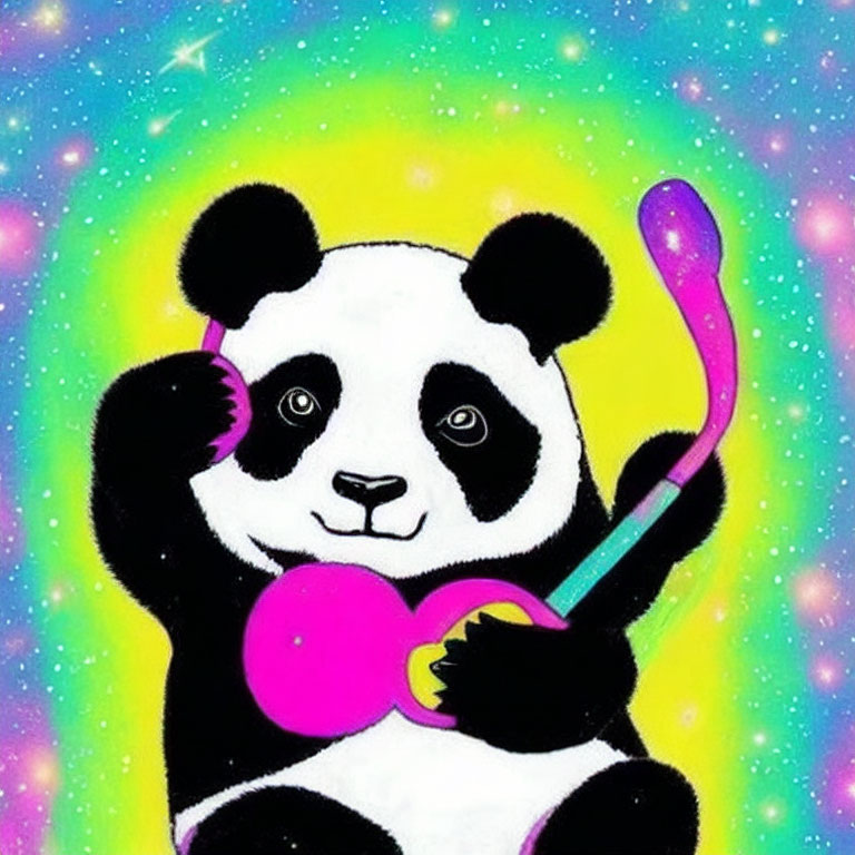 Illustration of panda with bubblegum on starry background