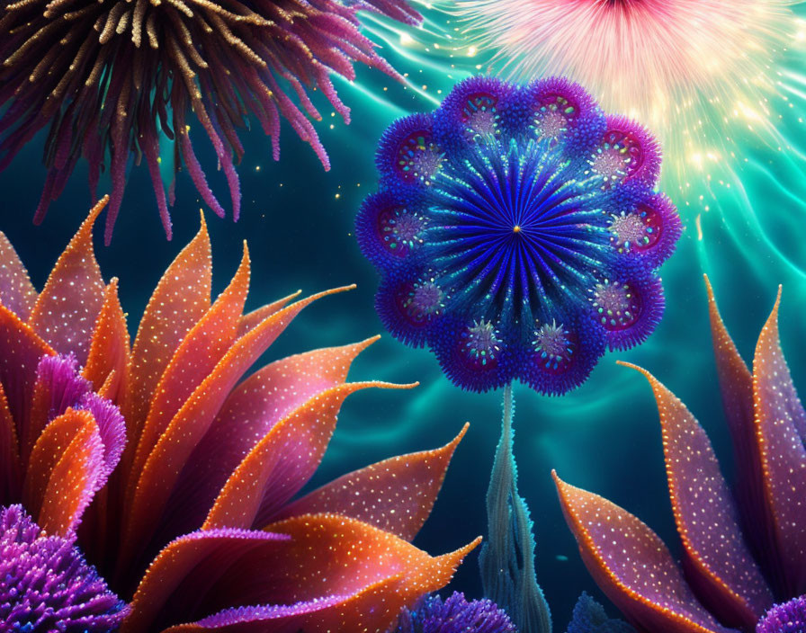 Colorful digital art: Fantastical sea anemone creatures in pink, purple, and blue