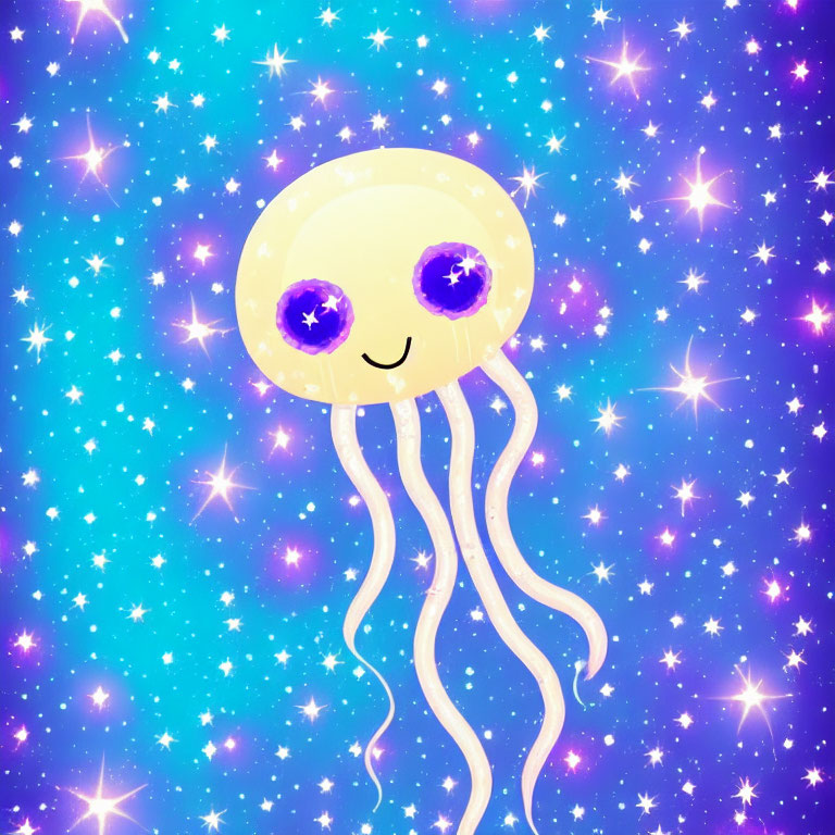 Stylized cartoon jellyfish with big purple eyes in starry blue background