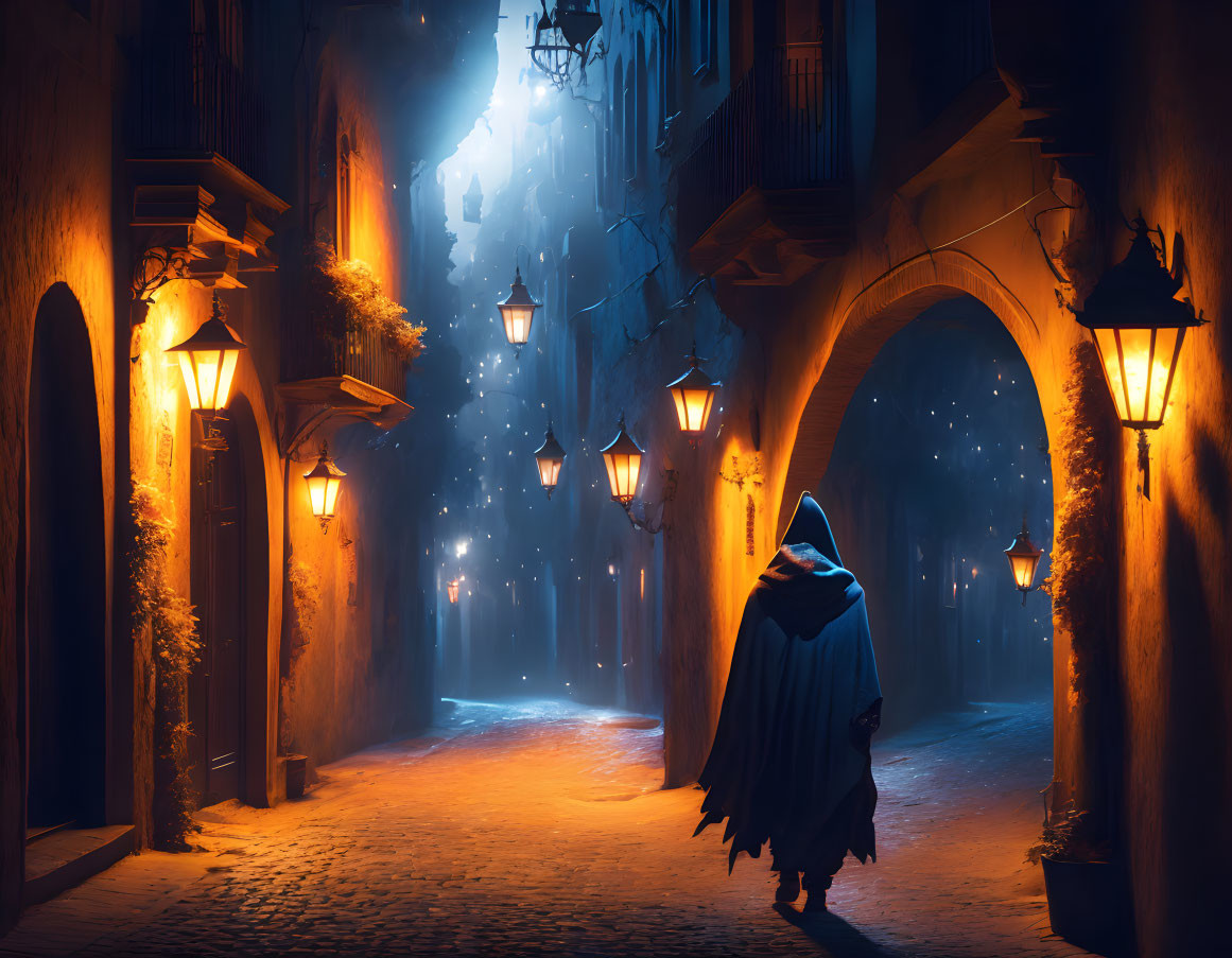 Cloaked Figure in Cobblestone Alley at Night With Warm Street Lamps