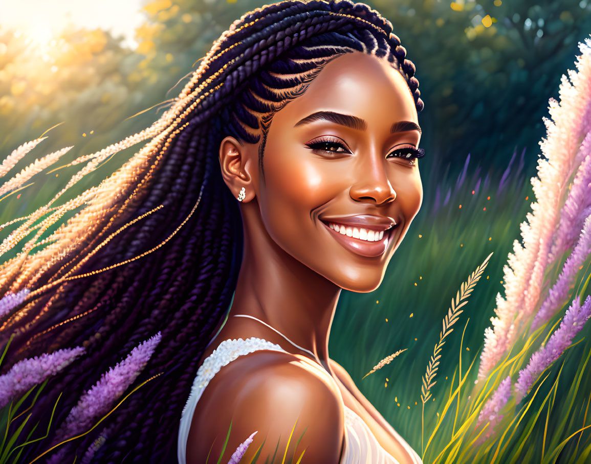 Smiling woman with braided hair in sunlit lavender field