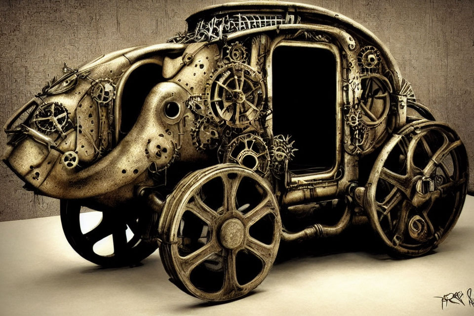 Steampunk-style vehicle with intricate gears and rustic texture on plain surface.