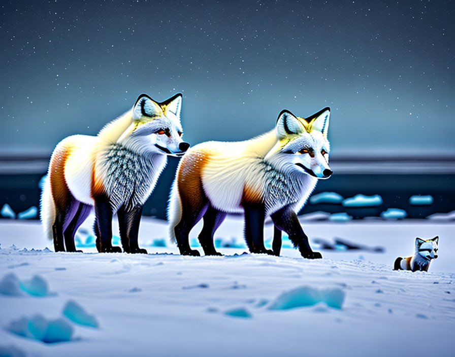 Vibrantly colored foxes in snowy landscape with starry sky