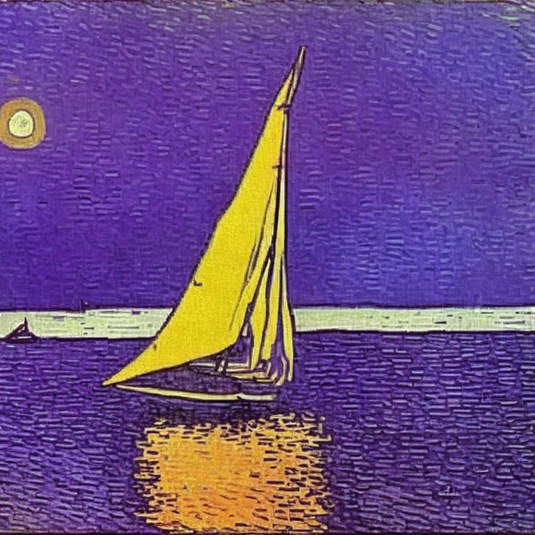 Vibrant yellow sail boat on purple sea under sun