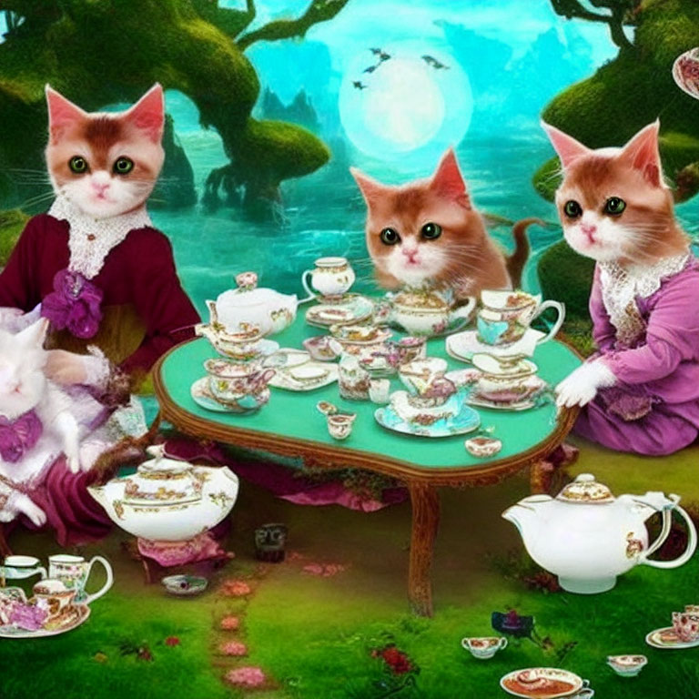 Three cats in vintage clothing at whimsical forest tea party.