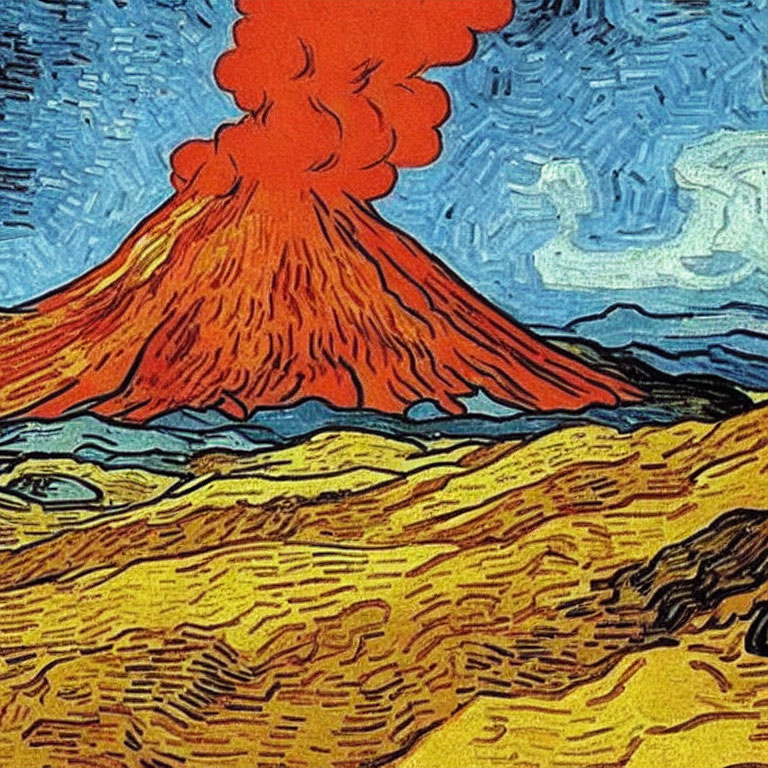 Vibrant post-impressionistic painting of red volcano in yellow landscape