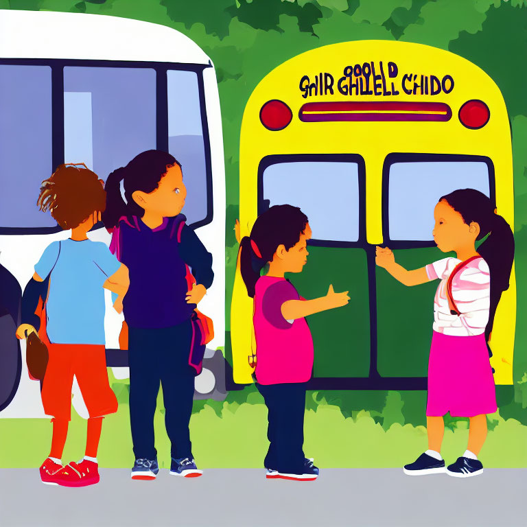 Vibrant children's illustration at bus stop with yellow school bus in green setting