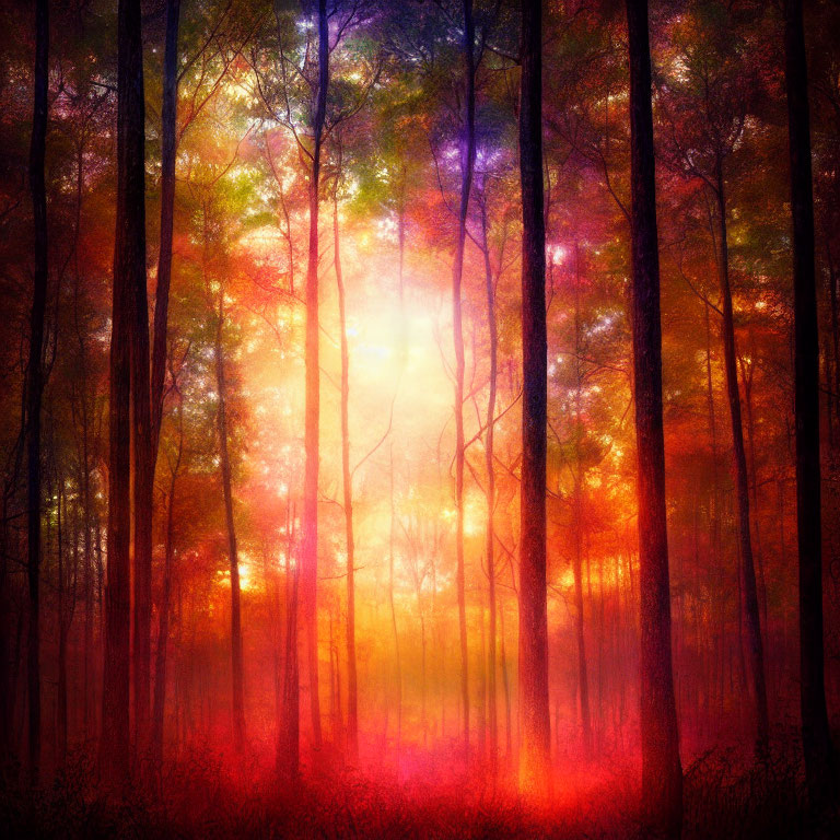 Vibrant mystical forest with warm sunlight and misty glow