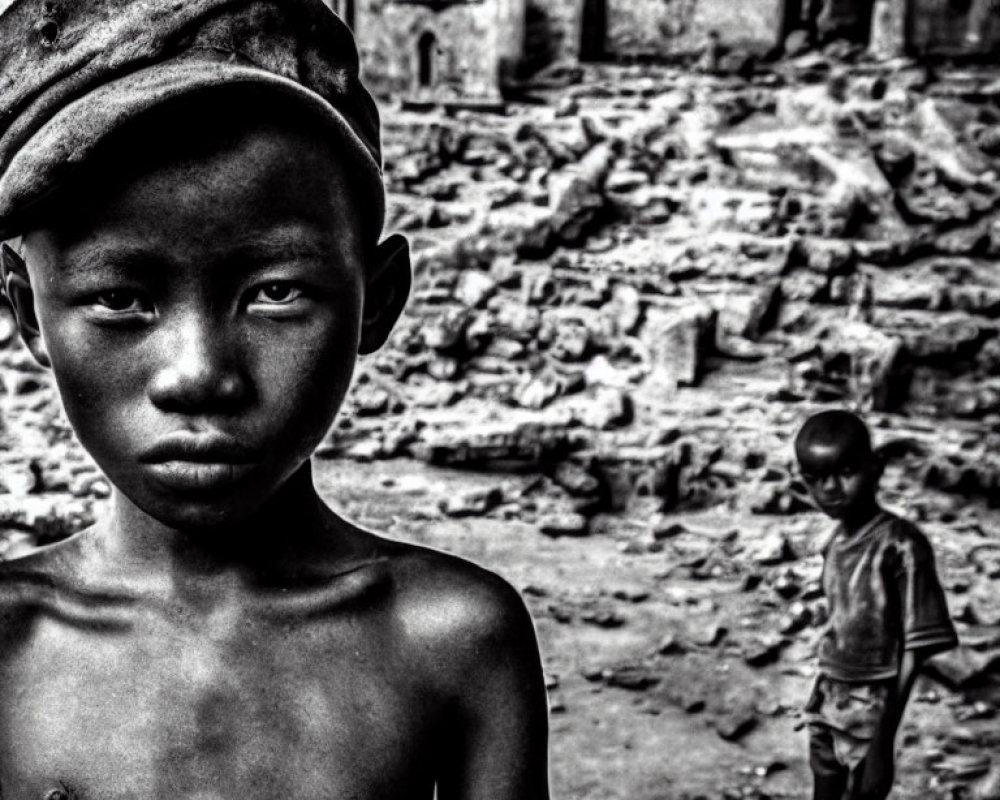 Monochrome photo of serious young boy in cap amidst rubble