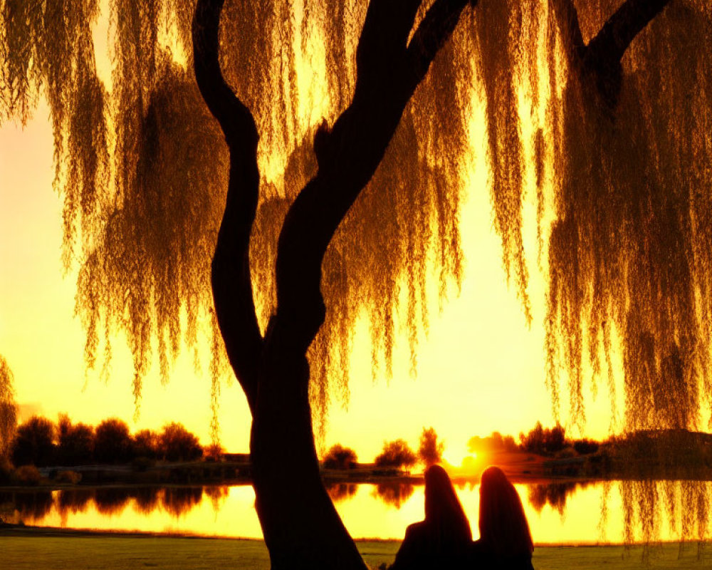 Tranquil sunset scene: Two people under willow tree by lake