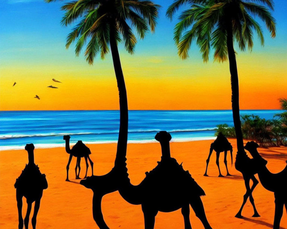 Sunset beach scene with camel silhouettes, palm trees, and birds