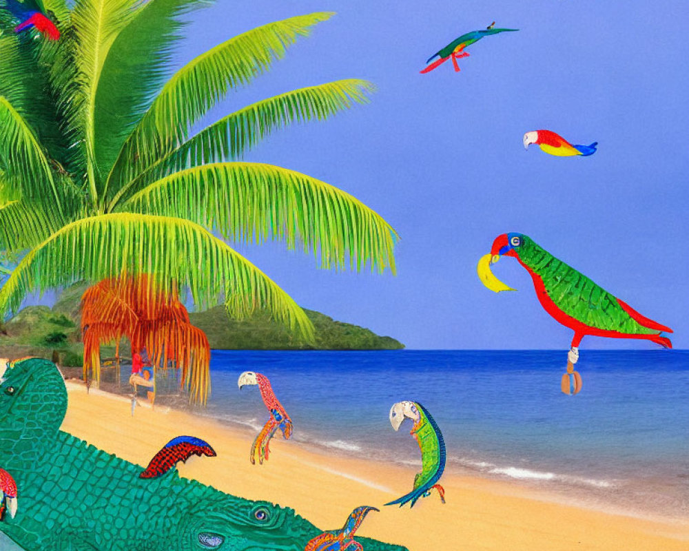 Vibrant tropical beach with parrots, crocodile, and iguana