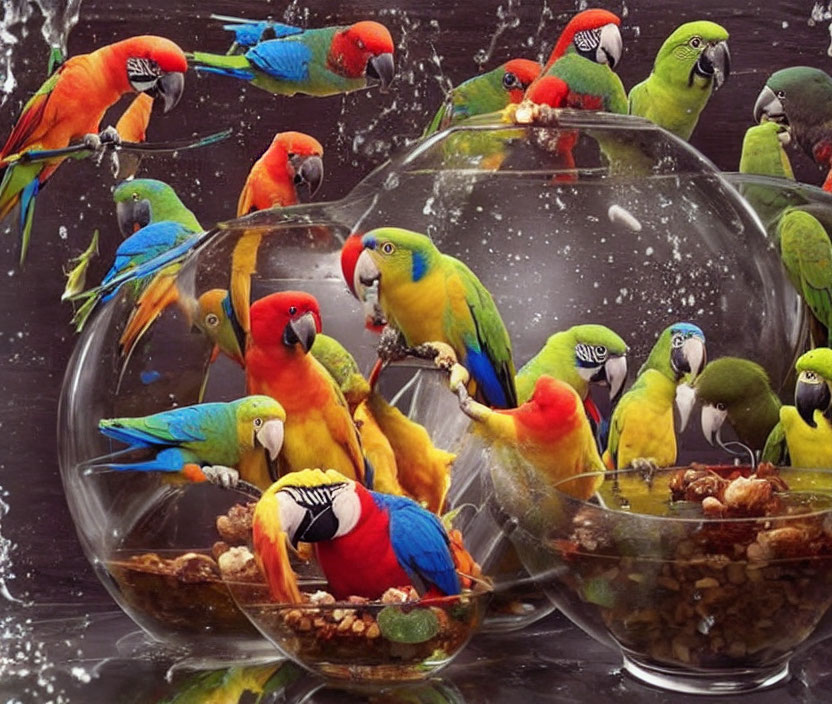 Vibrant Parrots Around Transparent Bowls on Dark Background