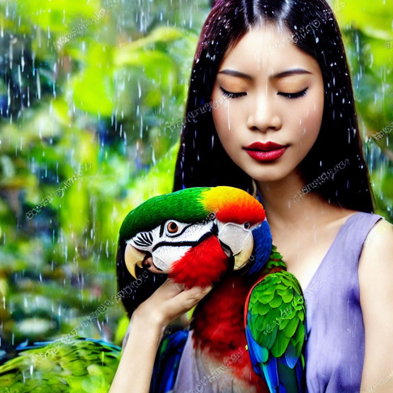 Woman embracing colorful parrot in simulated rain with lush green backdrop