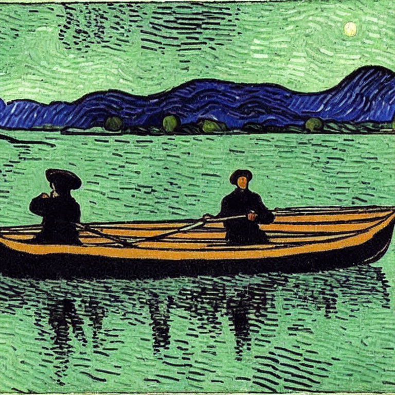 Rowboat on Lake with Swirling Patterns and Starlit Sky in Green and Blue Hues