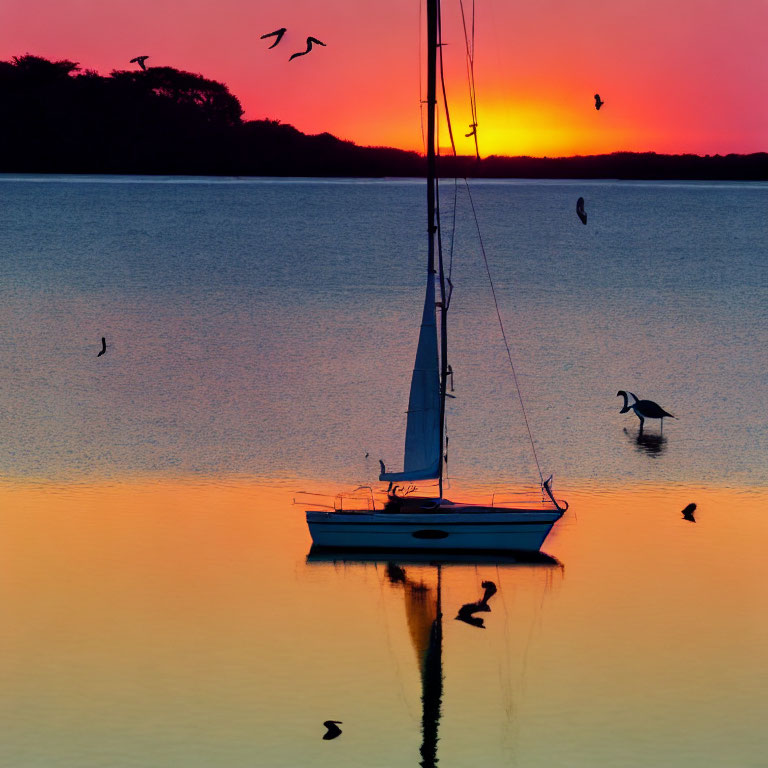 Sailboat, birds, vibrant sunset, orange and red hues on calm waters